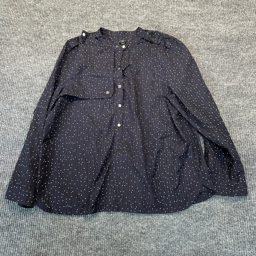 Ann Taylor Womens Petite Polka Dot Dobby Blouse 16P Navy Blue Button Front